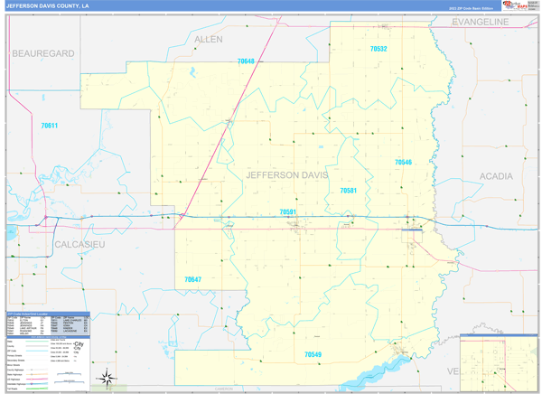 Jefferson Davis Parish (County), LA Zip Code Wall Map